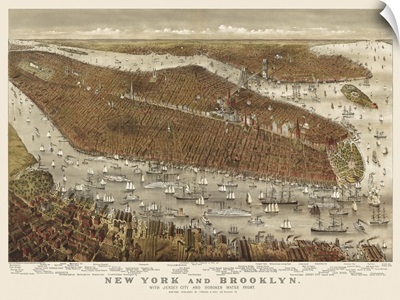 Vintage Birds Eye View Map of New York and Brooklyn
