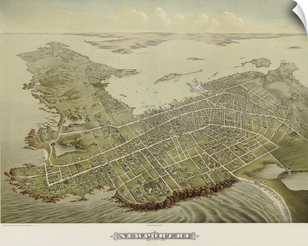 Vintage Birds Eye View Map of Newport, Rhode Island