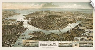 Vintage Birds Eye View Map of Norfolk, Virginia