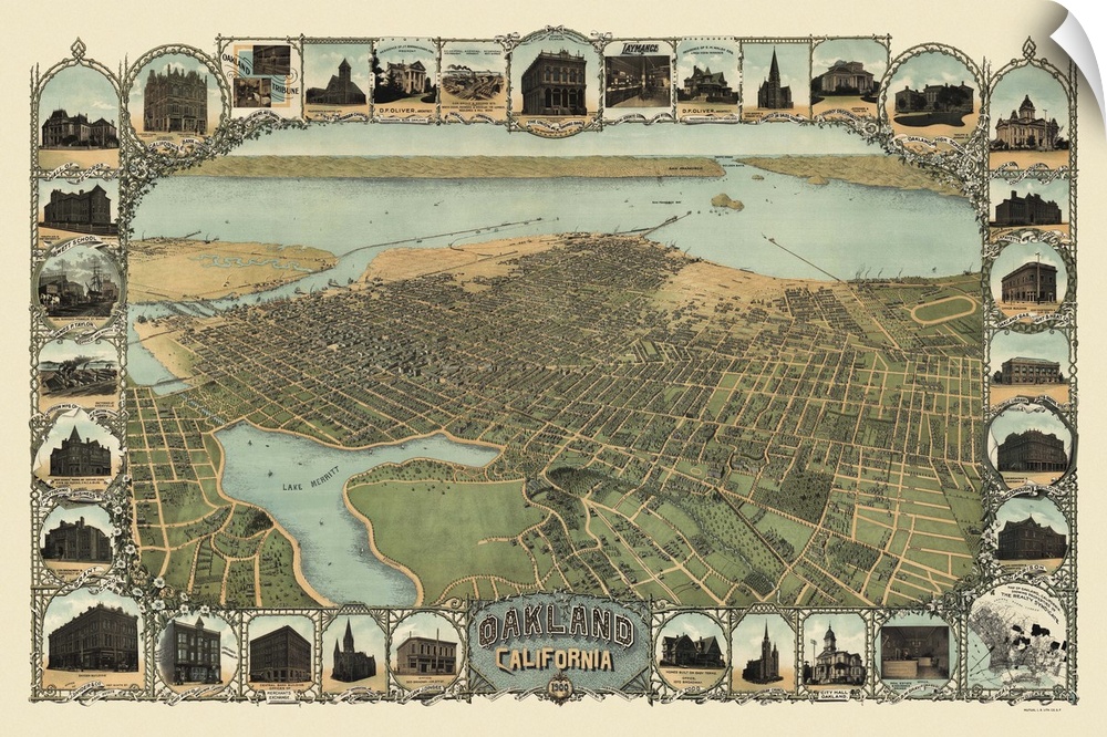 Vintage Birds Eye View Map of Oakland, California