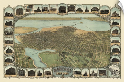 Vintage Birds Eye View Map of Oakland, California