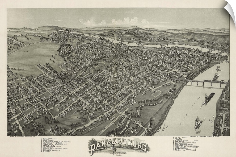 Vintage Birds Eye View Map of Parkersburg, West Virginia