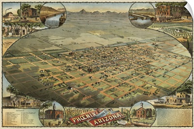 Vintage Birds Eye View Map of Phoenix, Arizona