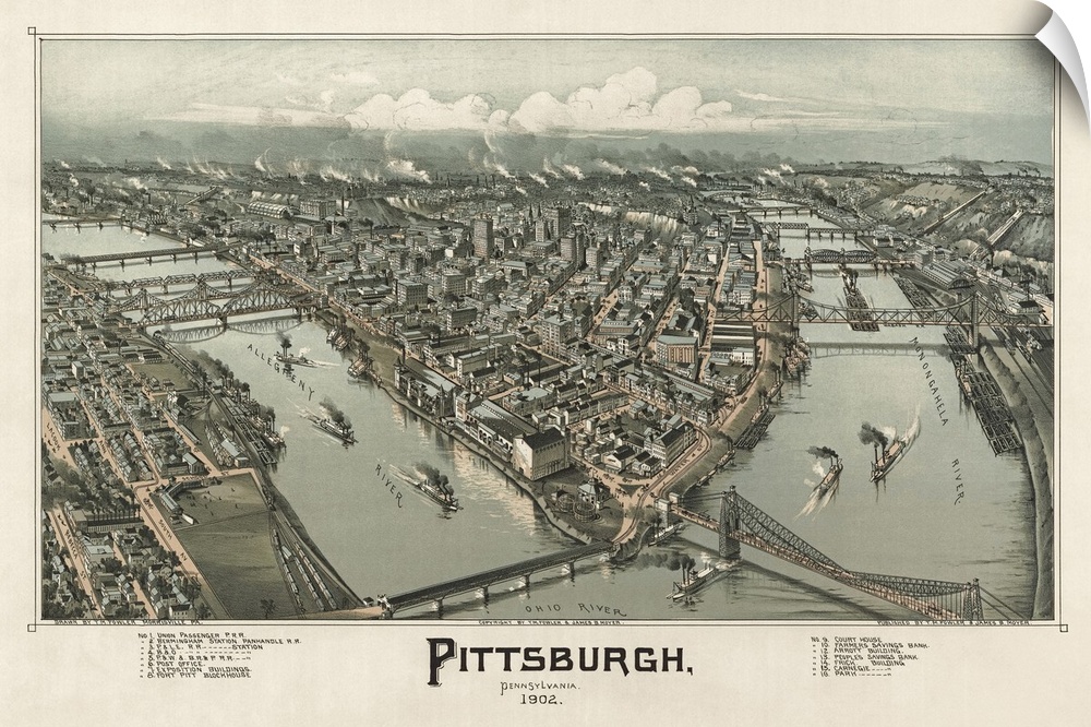 Old photograph of high angle view of city and waterway with boats.