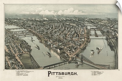 Vintage Birds Eye View Map of Pittsburgh, Pennsylvania