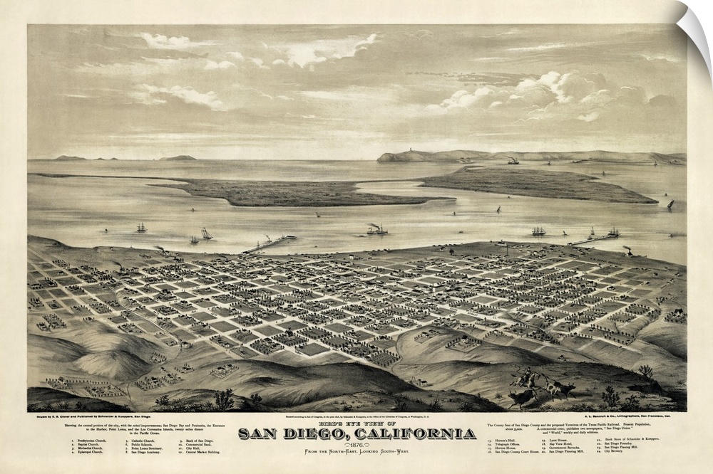Old map of U.S. city seen from an aerial view.