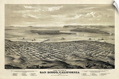 Vintage Birds Eye View Map of San Diego, California