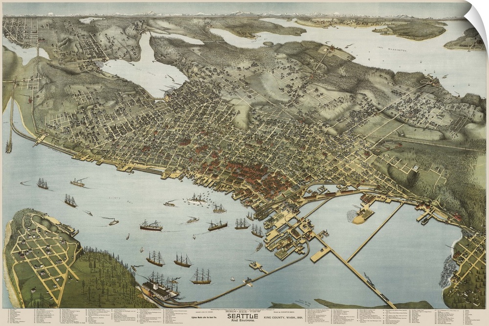 Vintage Birds Eye View Map of Seattle and Environs