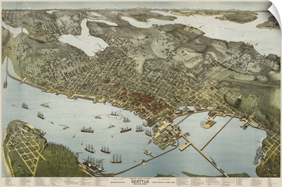 Vintage Birds Eye View Map of Seattle and Environs