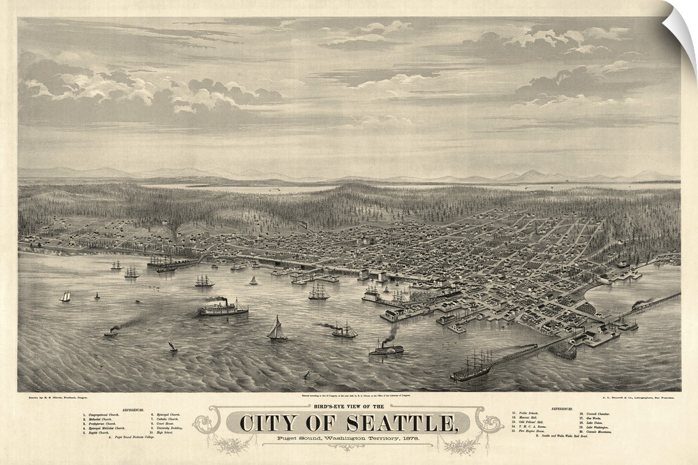 This large piece is an antique map with the birds eye view of the city of Seattle from the waterfront.