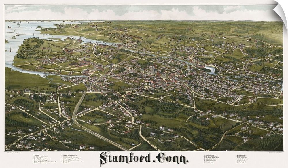 Vintage Birds Eye View Map of Stamford, Connecticut