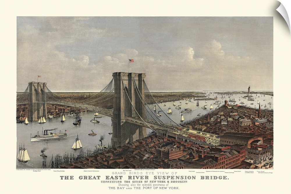 Antique photograph of iconic overpass with boats in waterway sailing beneath it in the "Big Apple."