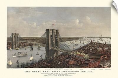 Vintage Birds Eye View Map of the Brooklyn Bridge and New York
