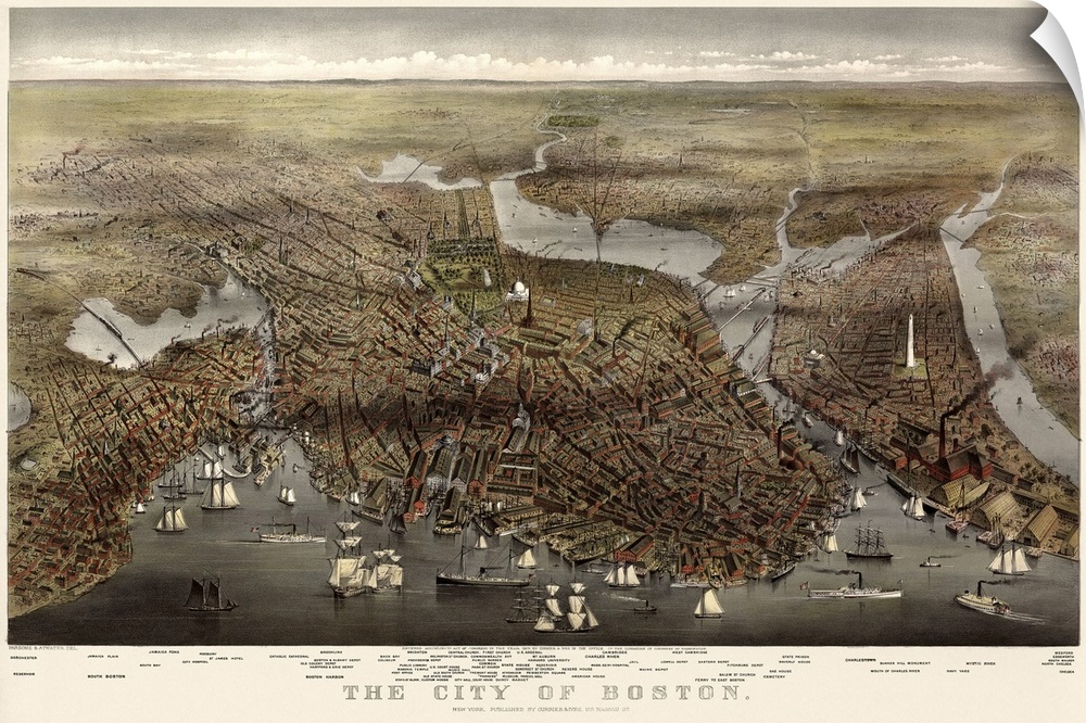 Retro illustrated map of Boston printed on canvas.
