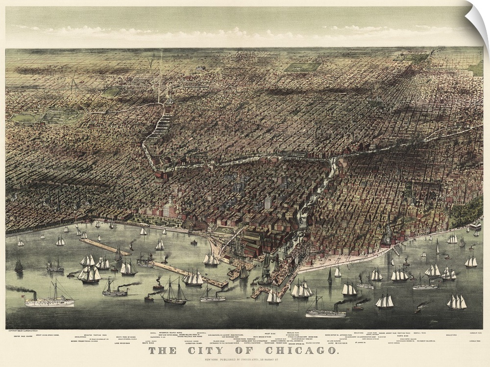 Horizontal, large wall picture of an aerial view of Chicago on a vintage map.