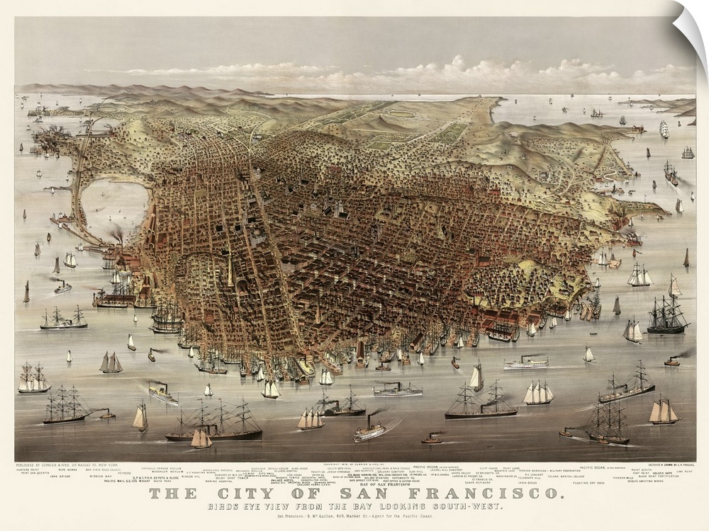 This is an antique map of San Francisco with the buildings drawn in for each block and surrounded by boats in the water of...