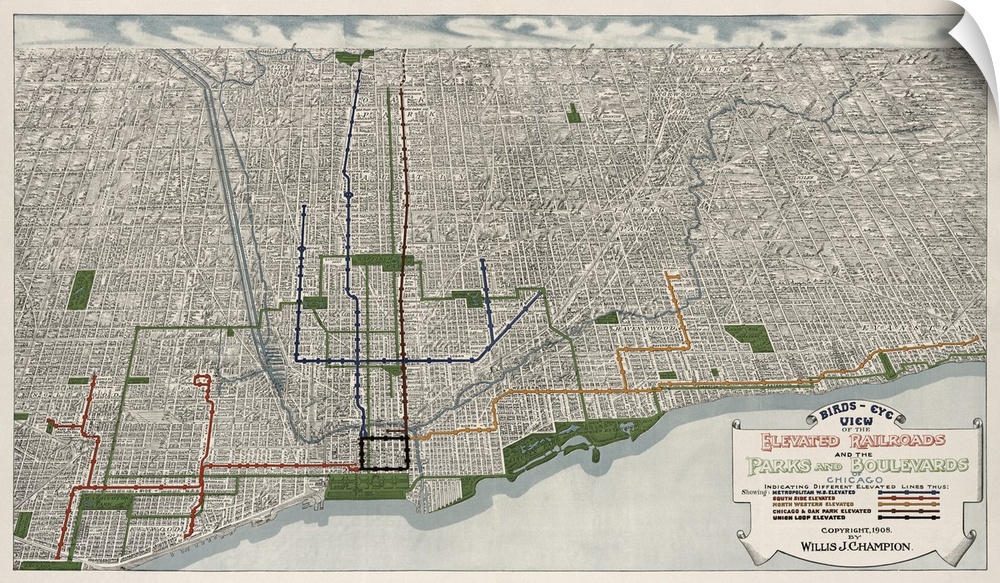 Vintage Birds-Eye View of the Elevated Railroads and the Parks and Boulevards of Chicago