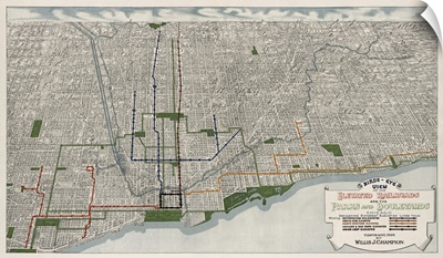 Vintage Birds-Eye View of the Elevated Railroads and the Parks and Boulevards of Chicago