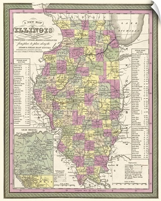 Vintage Map of Illinois, with its Proposed Canals, Roads and Distances