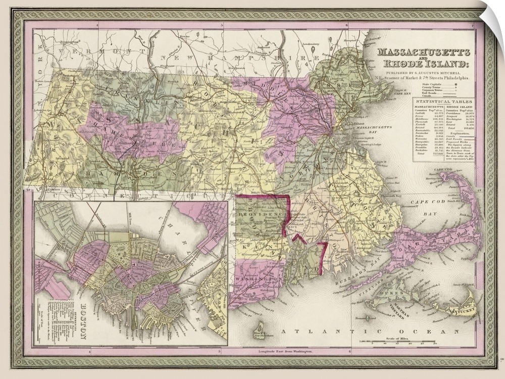 Vintage Map of Massachusetts and Rhode Island