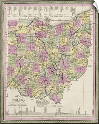 Vintage Map of Ohio with its Canals, Roads, and Distances