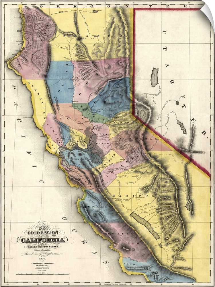 Big, vertical vintage map of the Gold Region of California, made up of multicolored sections, on a background resembling o...