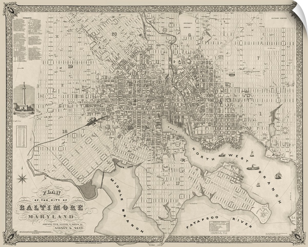 Landscape, large wall hanging of a detailed vintage map plan of Baltimore, Maryland.
