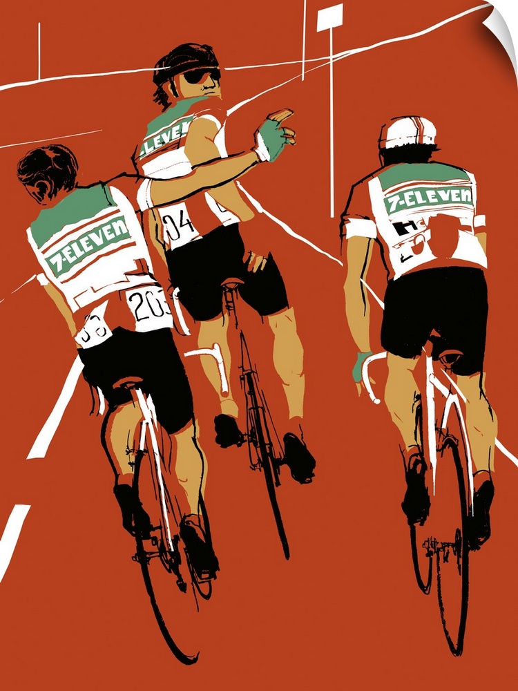 Contemporary illustration of a rear view of a cyclists riding against a muted red background.