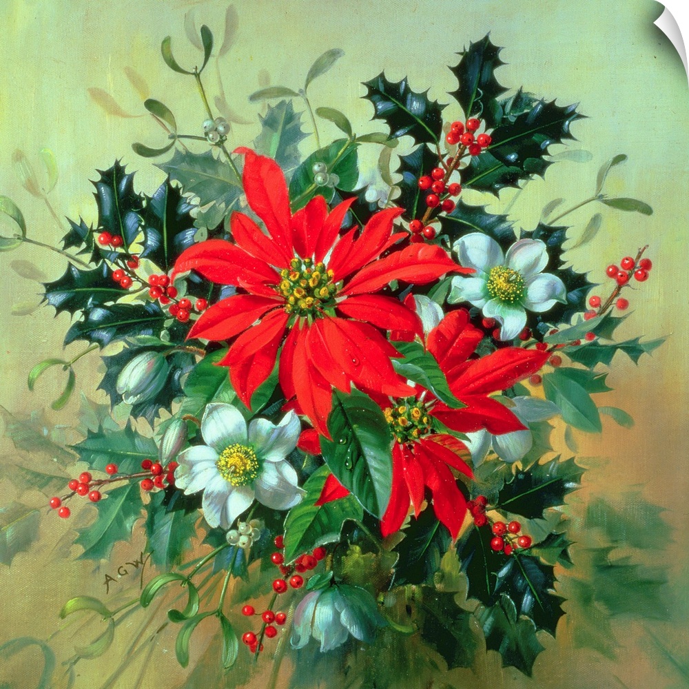 A Christmas arrangement with holly, mistletoe and other winter flowers