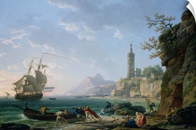 A Coastal Mediterranean Landscape with a Dutch Merchantman in a Bay, 1769