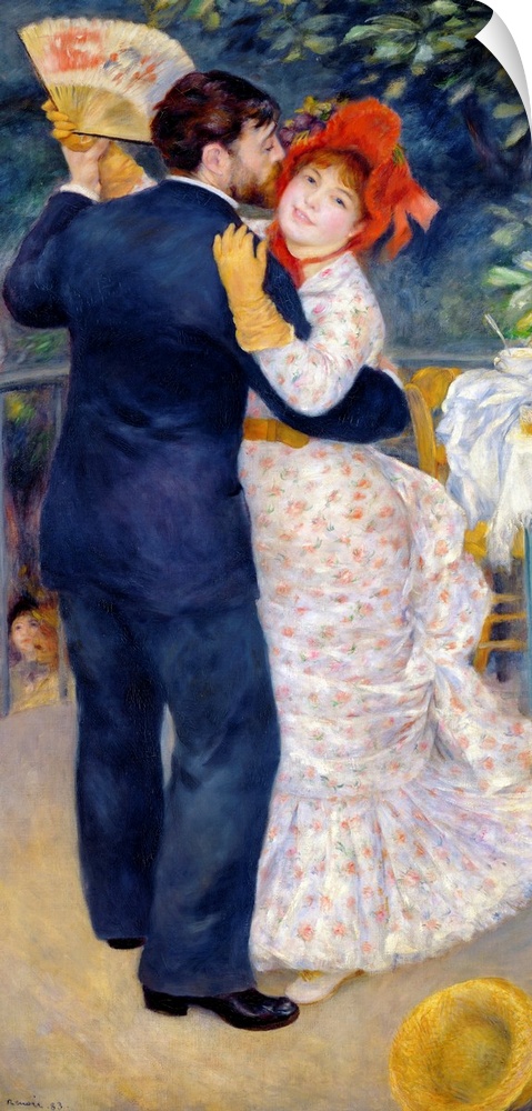 This large oil painting is of a couple dancing with a table and foliage just behind them. The man is wearing a suit while ...