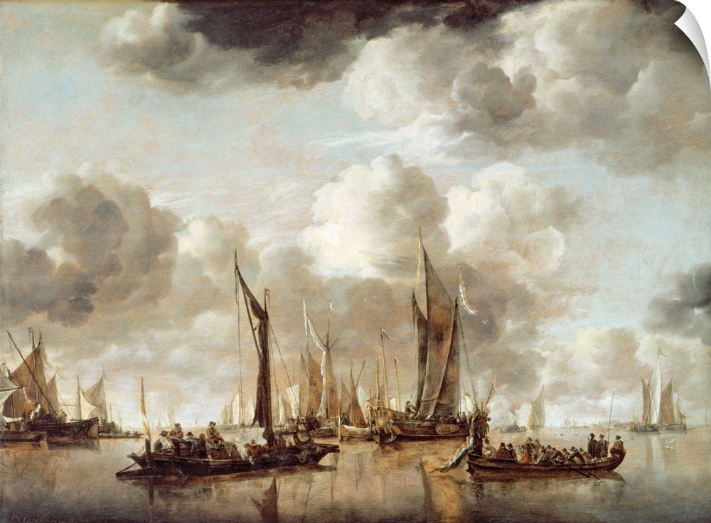 BAL3580 A Dutch Yacht Firing a Salute as a Barge Pulls Away, 1650 (oil on panel)  by Capelle or Cappelle, Jan van de (1624...