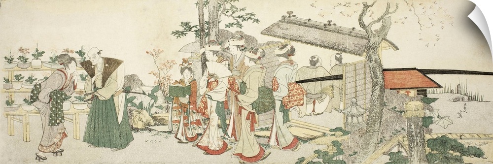 A Group of Young Women Entering the Garden of a Horticulturist, colour woodblock print; surimono.