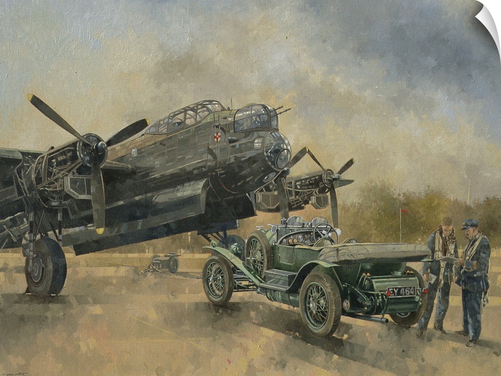 Contemporary artwork of a vintage scene with a car and an airplane, with two men standing nearby.
