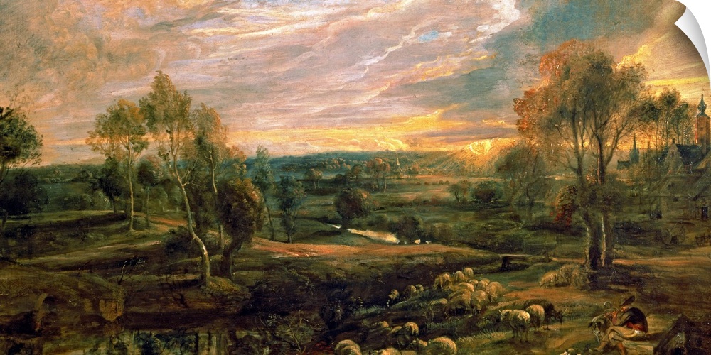 BAL99417 A Landscape with a Shepherd and his Flock, c.1638 (oil on oak); by Rubens, Peter Paul (1577-1640); 49.4x83.5 cm; ...