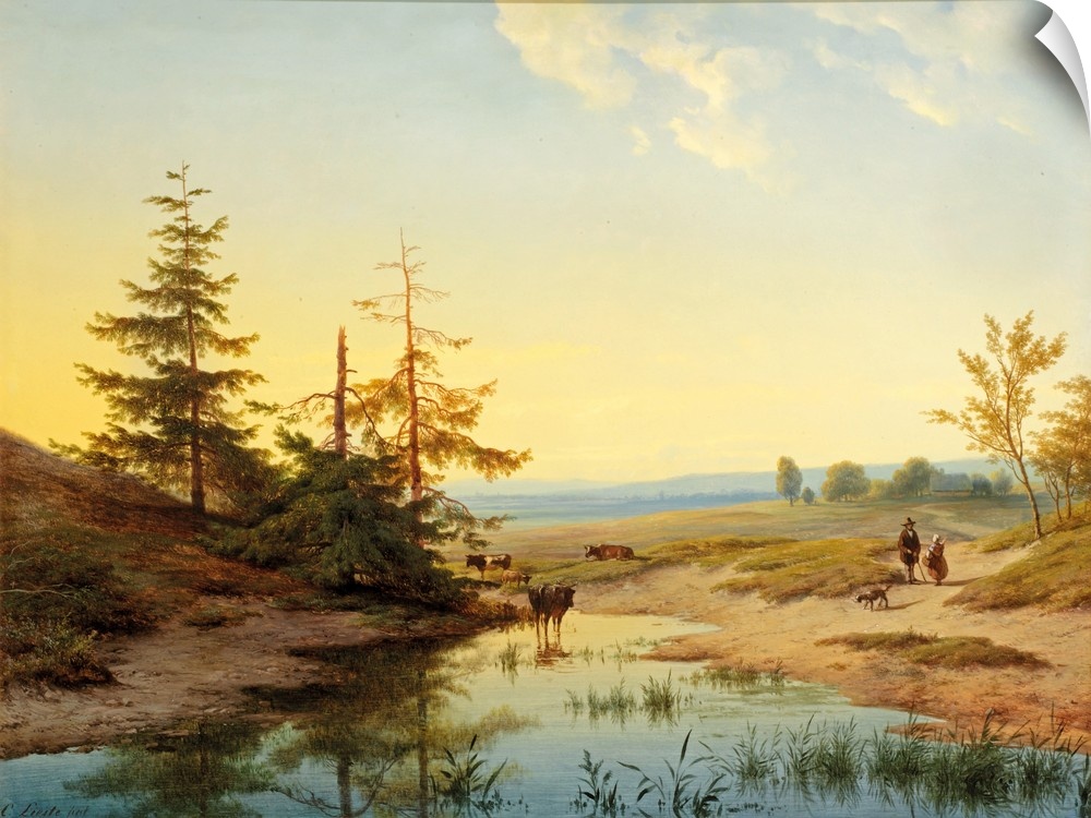 A moorland with figures and cattle by a pond, oil on panel.  By Cornelis Lieste (1817-1861).