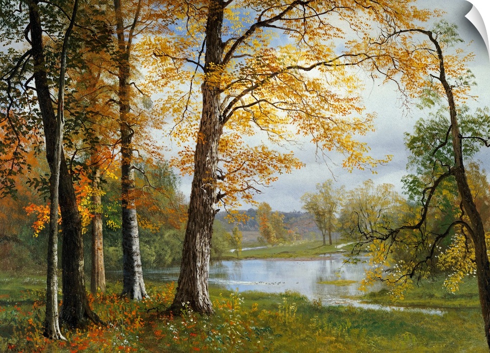 Classic painting of a small wooded grove near a pond, the trees in autumn colors and hills in the distance.