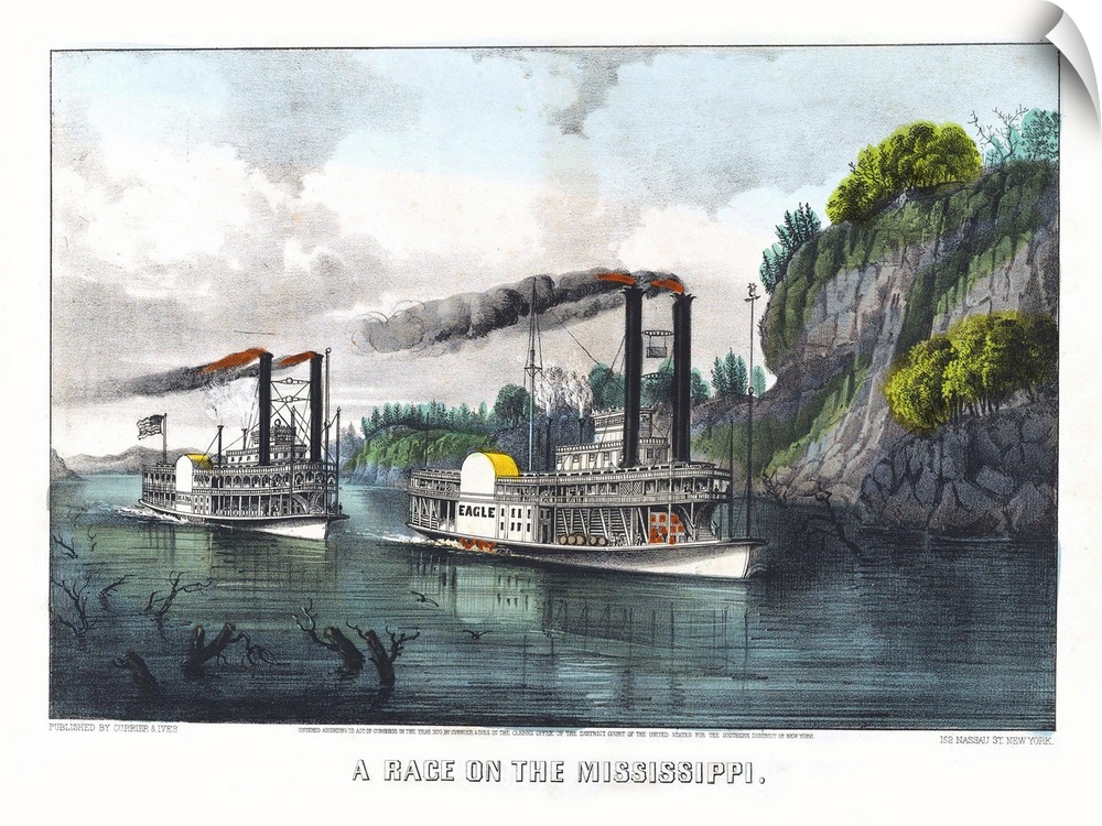 A Race on the Mississippi, 1870 (originally hand-coloured lithograph) by Currier, N. (1813-88) and Ives, J.M. (1824-95)