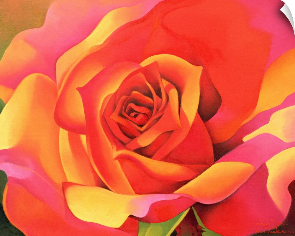 Contemporary up-close painting of flower blossom showing all of its intertwining petals.