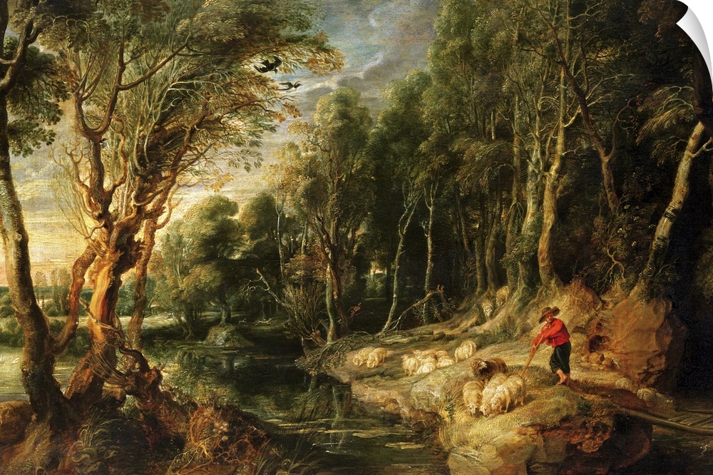 Classic artwork of a shepherd standing on land beside water with his flock of sheep as they eat the grass.