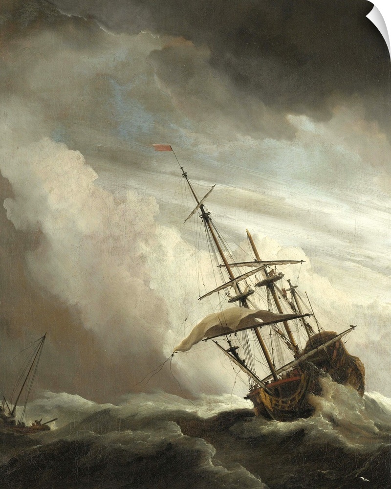 A Ship on the High Seas caught by a Squall, known as the 'Gust', 1680, oil on canvas.  By Willem the Younger van de Velde.