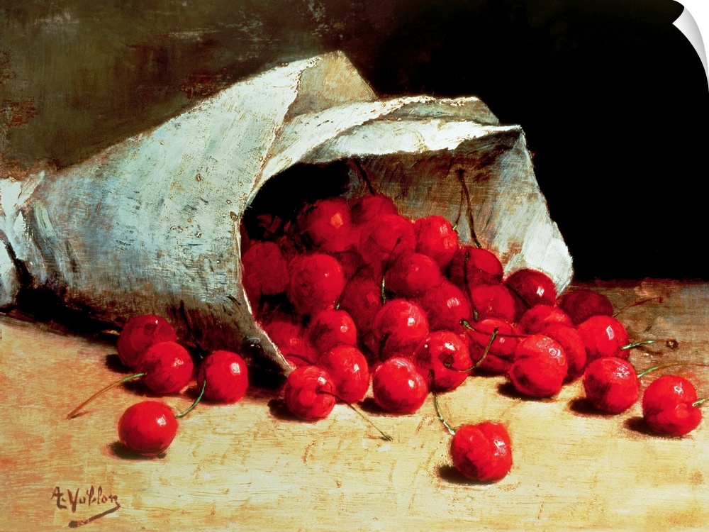 Classic art painting of a paper cone filled with bright cherries spilling on to the floor.