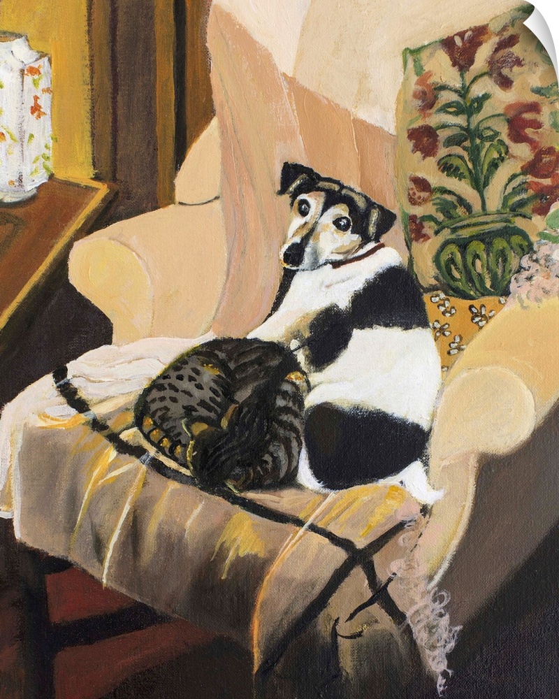 Contemporary painting of a dog and a cat laying together on an armchair.