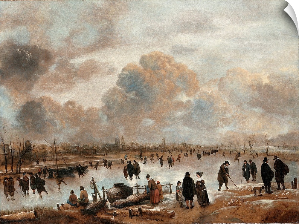 A Winter Landscape with Skaters and Townsfolk on a Frozen Waterway (oil on canvas)