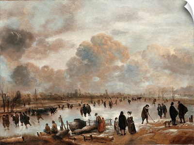 A Winter Landscape with Skaters and Townsfolk on a Frozen Waterway (oil on canvas)