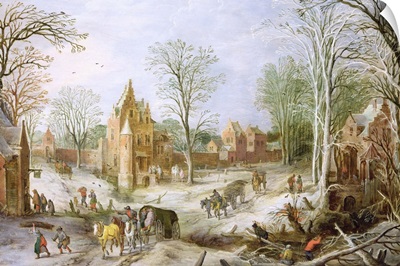 A wooded winter landscape with a cart