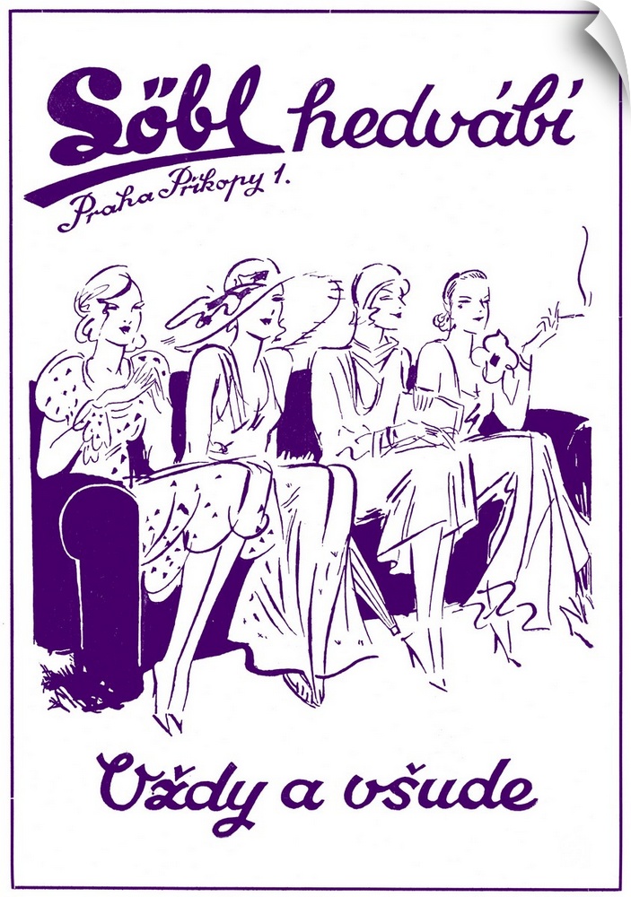Advertisement for Czech fashion, 1930s. Illustration of fashionable women, ladies some wearing hats, one smoking.