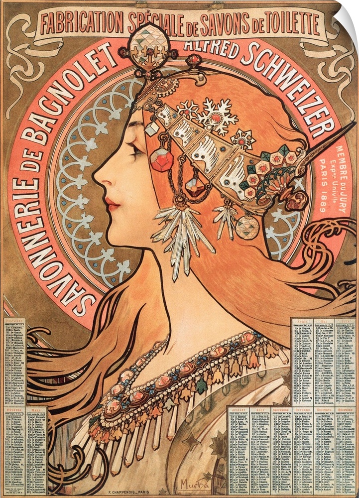 Calendar page of the year 1898 decoree of an advertising illustration by Alphonse Mucha (1860-1939) for the soap company S...