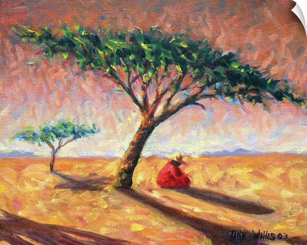 Big, landscape painting of an African landscape, the sun shining over a large tree where a person in a hat sits on the gro...
