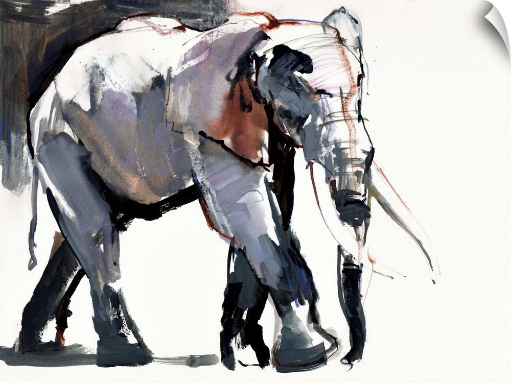 Contemporary watercolor painting of an elephant against a white background.
